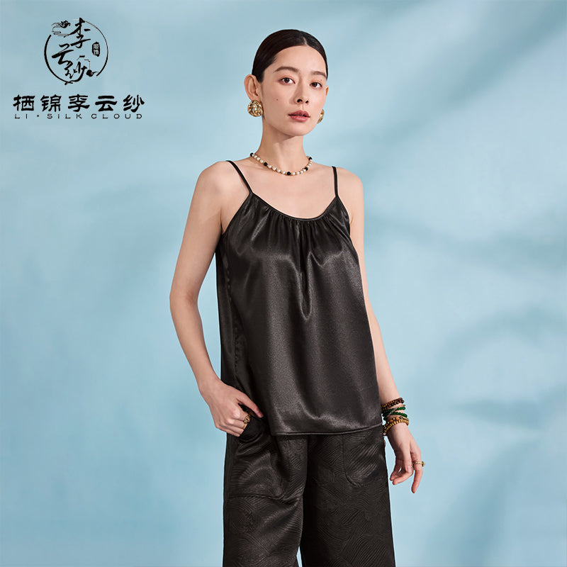 Camisole Top - 100% Natural Silk, Elegant Sleeveless Design，Guangdong Black Pearl Gambiered Guangdong Gauze xiangyunsha
