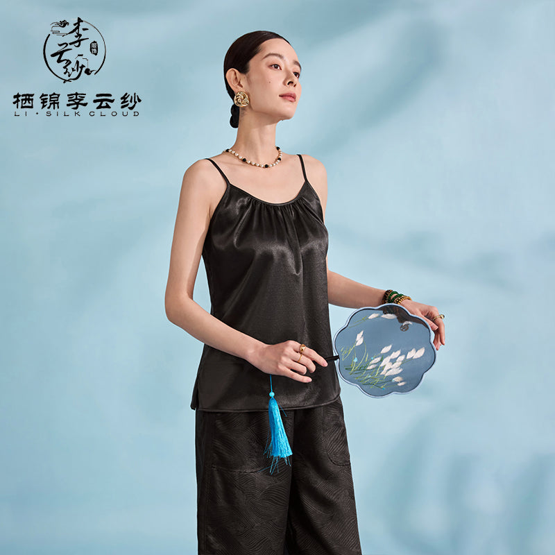 Camisole Top - 100% Natural Silk, Elegant Sleeveless Design，Guangdong Black Pearl Gambiered Guangdong Gauze xiangyunsha