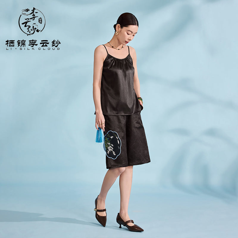 Camisole Top - 100% Natural Silk, Elegant Sleeveless Design，Guangdong Black Pearl Gambiered Guangdong Gauze xiangyunsha