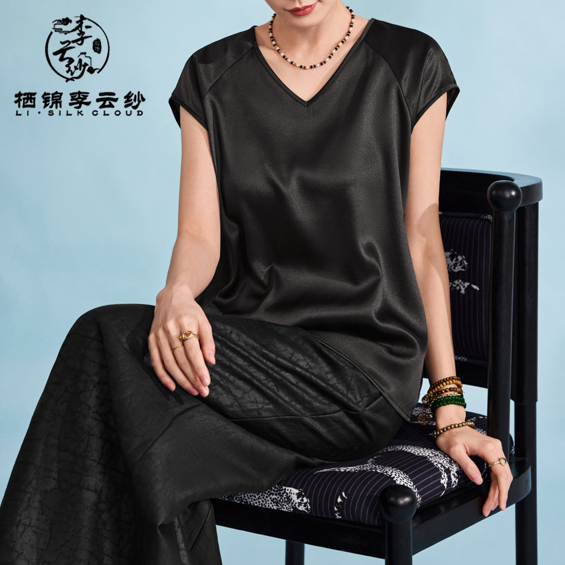 Short Sleeve Blouse Casual Summer Silk Top，Guangdong Black Pearl Gambiered Guangdong Gauze xiangyunsha