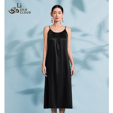LI SILK CLOUD Women's Black Silk Xiangyunsha Slip Dress - Traditional Dyeing Craft, Stylish Camisole Design