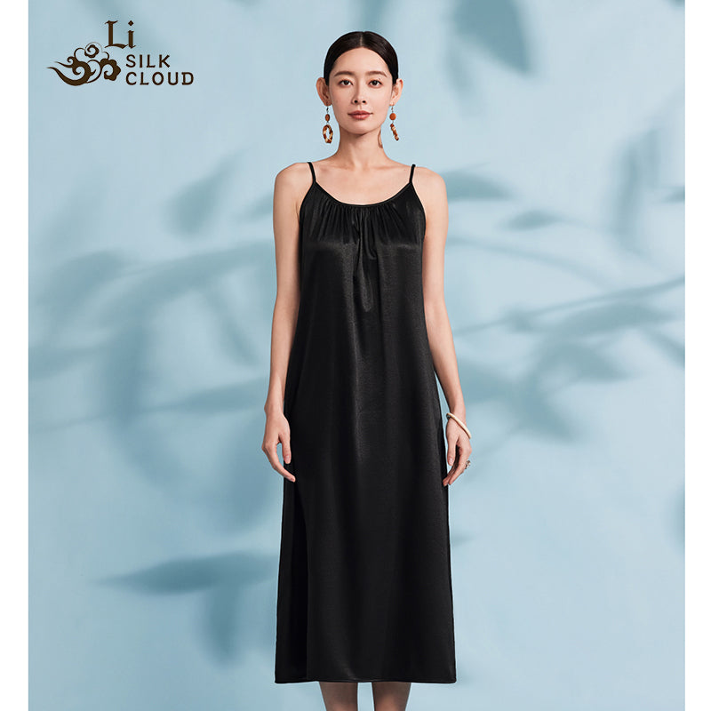 LI SILK CLOUD Women's Black Silk Xiangyunsha Slip Dress - Traditional Dyeing Craft, Stylish Camisole Design