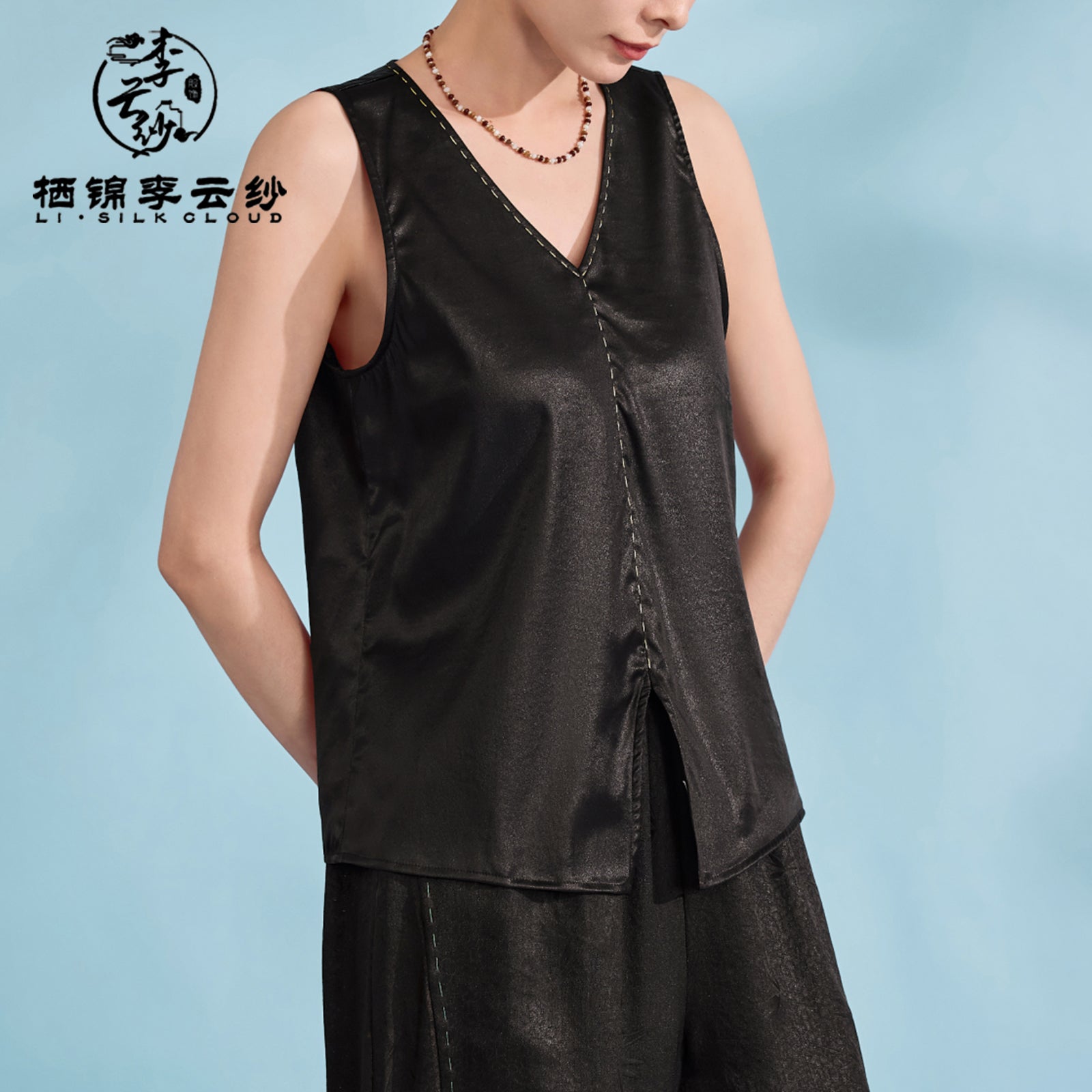 Camisole Top - Pure Black Drapey Mulberry Silk Vest, Traditional Craft for Inner/Outer Wear,Guangdong Black Pearl Gambiered Guangdong Gauze xiangyunsha