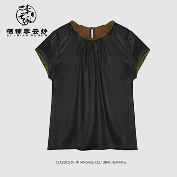 Short Sleeve Blouse - Mulberry Silk Fabric, Chinese Style Casual Guangdong Black Pearl Gambiered Guangdong Gauze xiangyunsha