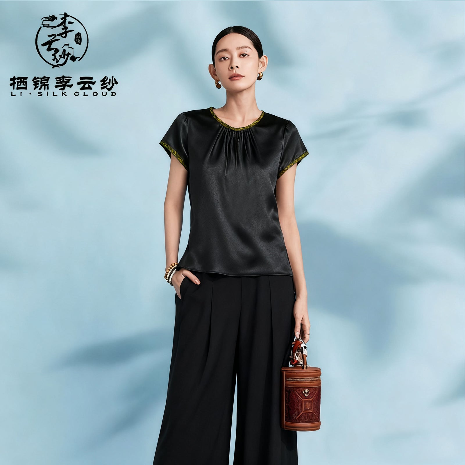 Short Sleeve Blouse - Mulberry Silk Fabric, Chinese Style Casual Guangdong Black Pearl Gambiered Guangdong Gauze xiangyunsha
