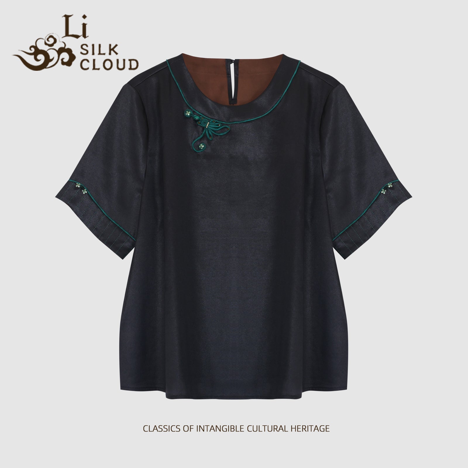 New Chinese-style Xiangyunsha top Jade green handmade rope knot Cloud-feel fabric Guangdong Black Pear Gambiered Guangdong Gauze xiangyunsha