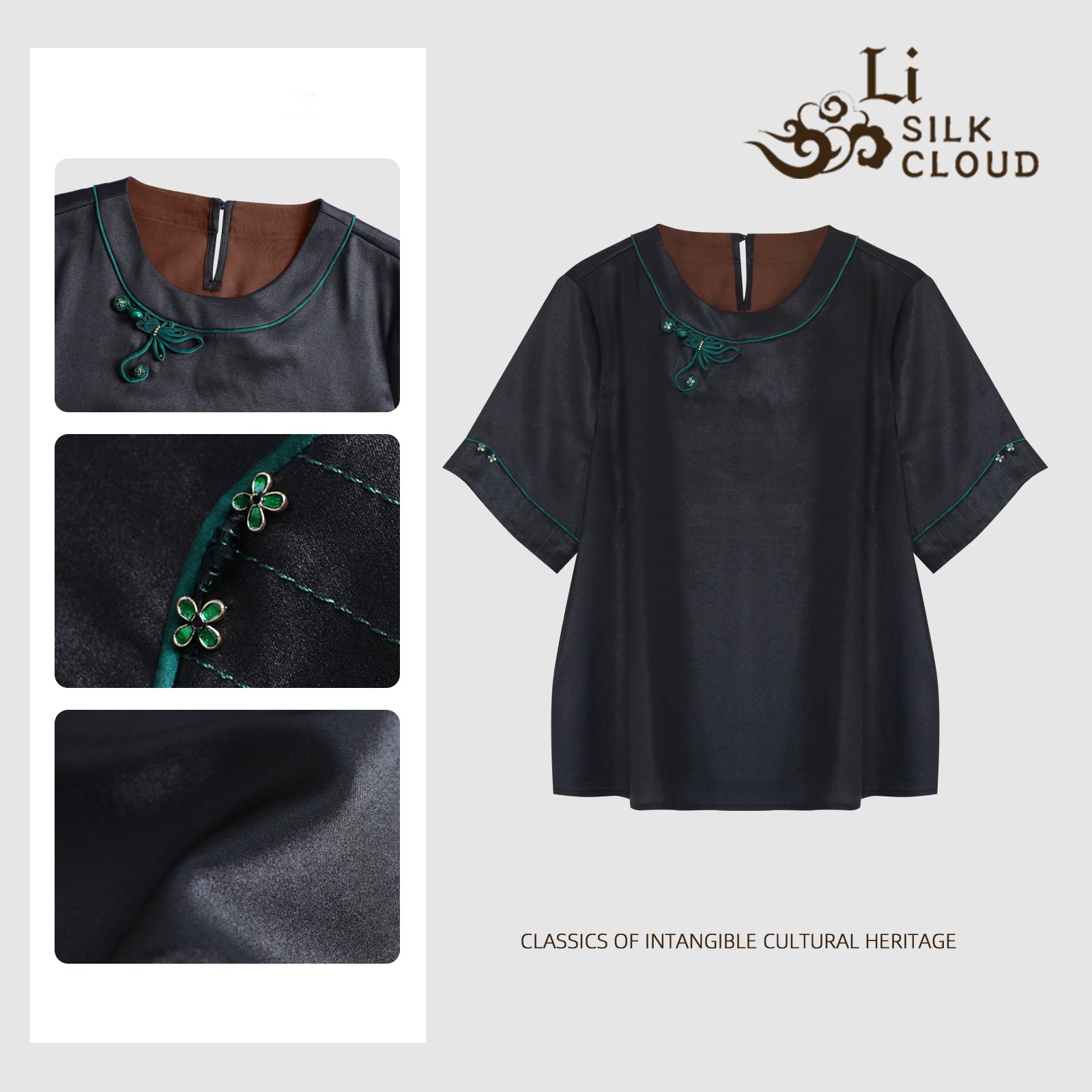 New Chinese-style Xiangyunsha top Jade green handmade rope knot Cloud-feel fabric Guangdong Black Pear Gambiered Guangdong Gauze xiangyunsha