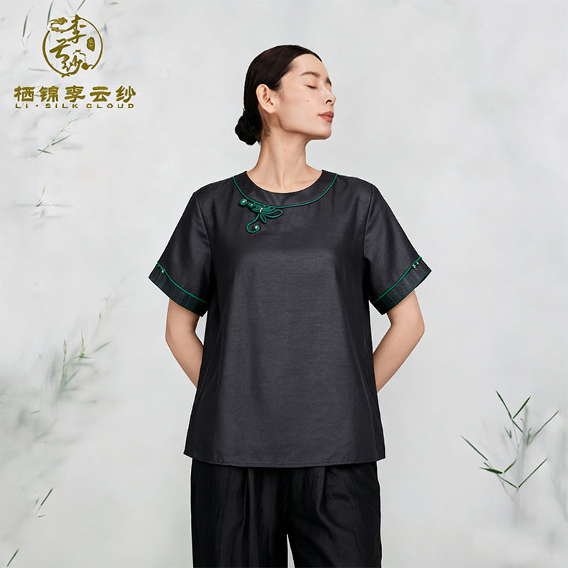 New Chinese-style Xiangyunsha top Jade green handmade rope knot Cloud-feel fabric Guangdong Black Pear Gambiered Guangdong Gauze xiangyunsha