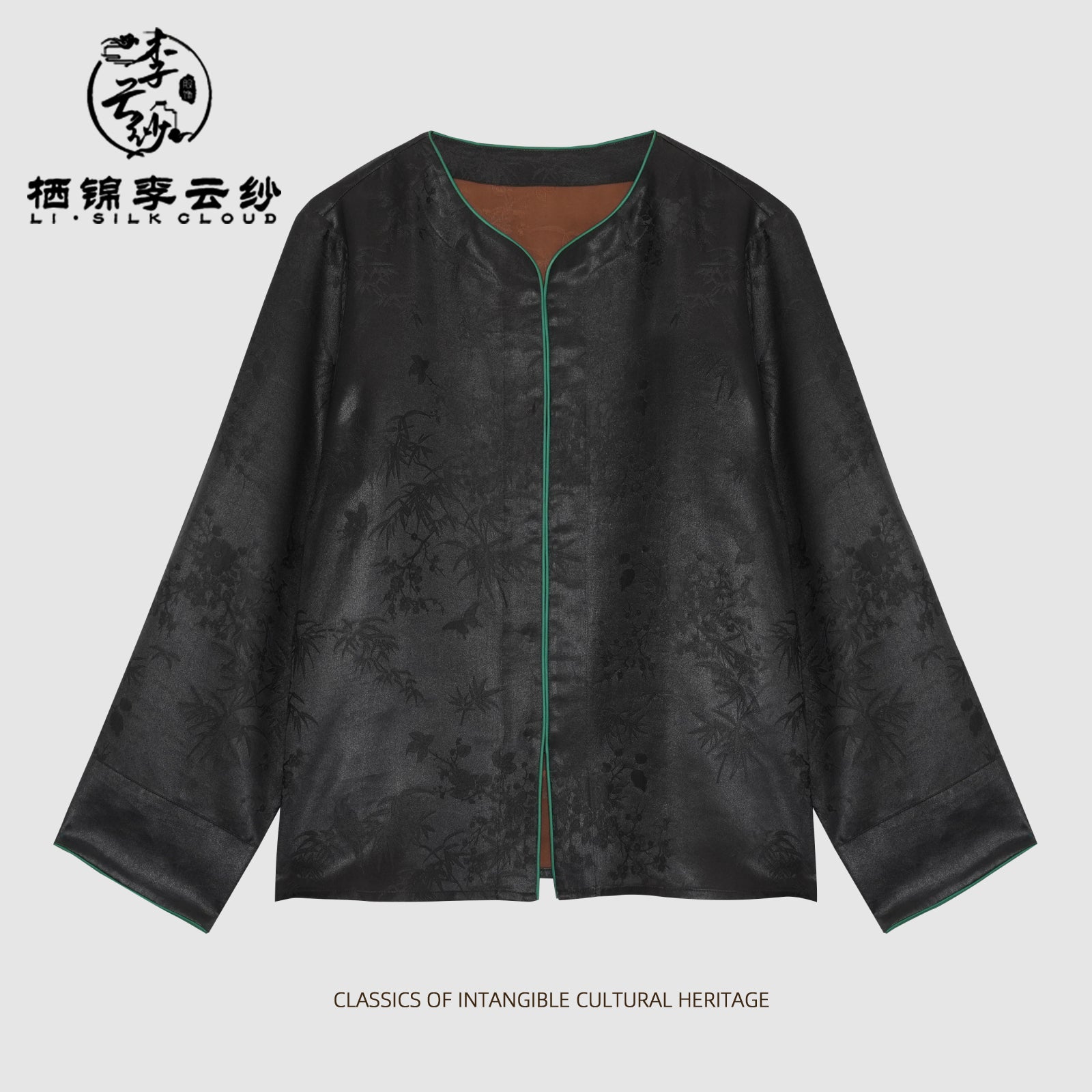 Outerwear，100% Mulberry Silk， Chinese Style Long Sleeve，Soft Guangdong Black Pearl Gambiered Guangdong Gauze xiangyunsha