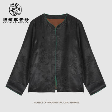 Outerwear，100% Mulberry Silk， Chinese Style Long Sleeve，Soft Guangdong Black Pearl Gambiered Guangdong Gauze xiangyunsha