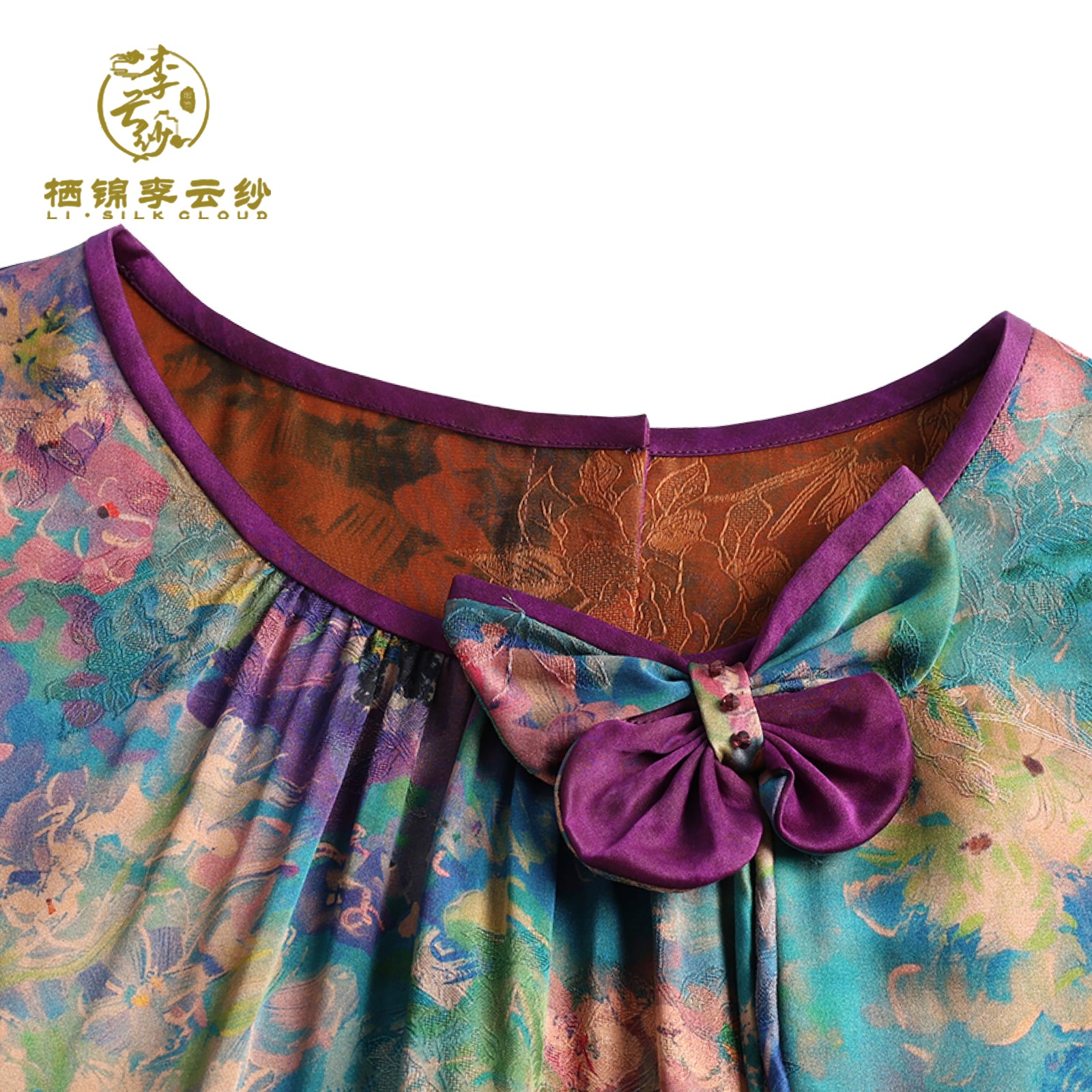 Dress with Monet Flower Print - Skin-Friendly Silk Fabric, Elegant Oriental Gown Guangdong Black Pearl Gambiered Guangdong Gauze