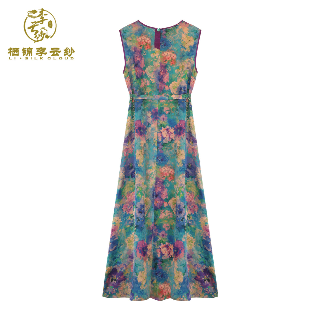 Dress with Monet Flower Print - Skin-Friendly Silk Fabric, Elegant Oriental Gown Guangdong Black Pearl Gambiered Guangdong Gauze