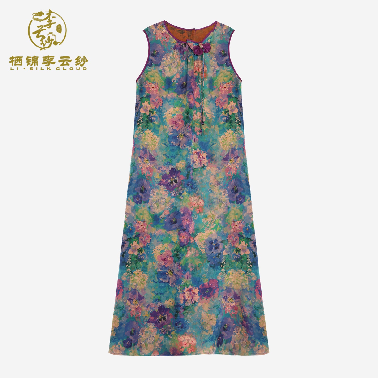 Dress with Monet Flower Print - Skin-Friendly Silk Fabric, Elegant Oriental Gown Guangdong Black Pearl Gambiered Guangdong Gauze