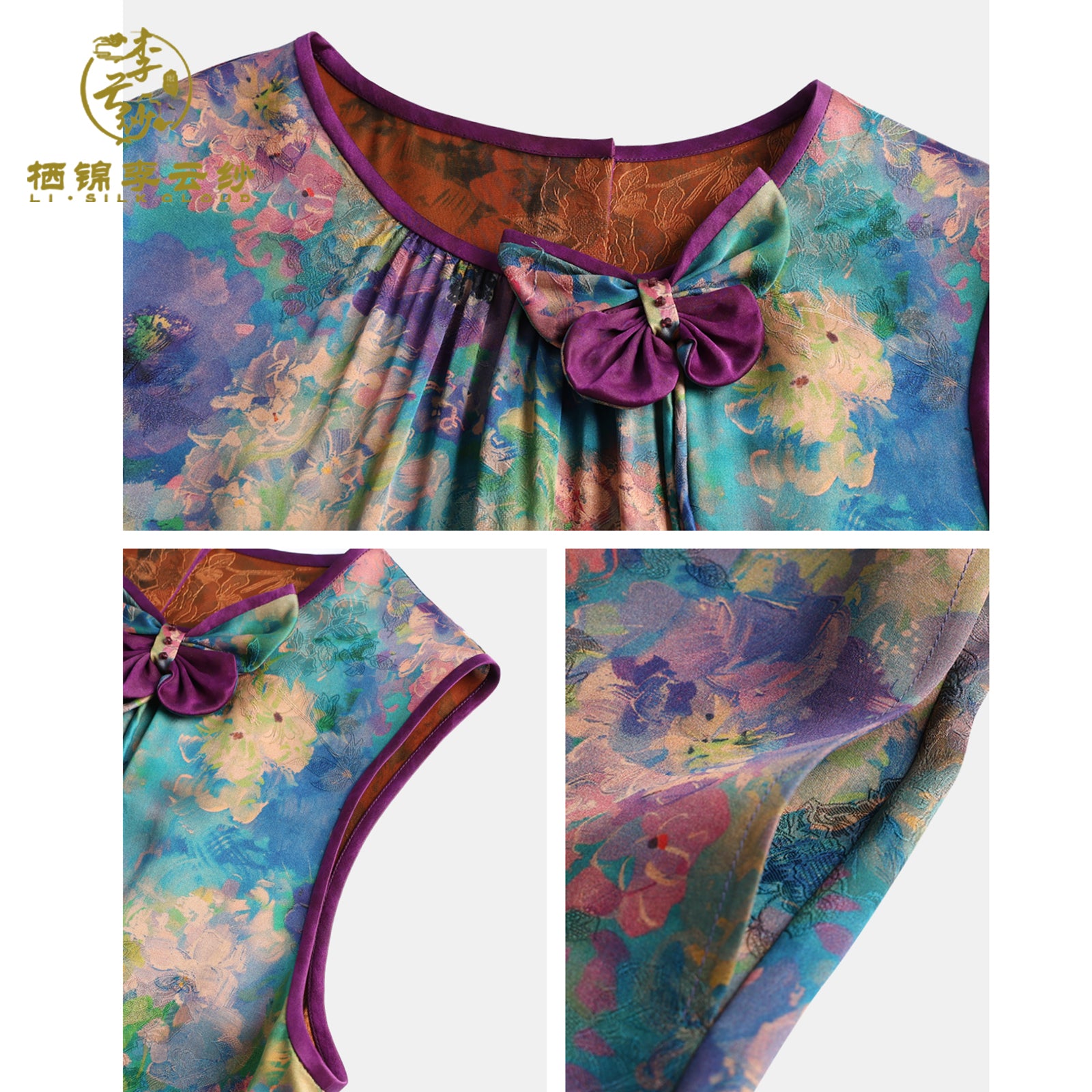 Dress with Monet Flower Print - Skin-Friendly Silk Fabric, Elegant Oriental Gown Guangdong Black Pearl Gambiered Guangdong Gauze
