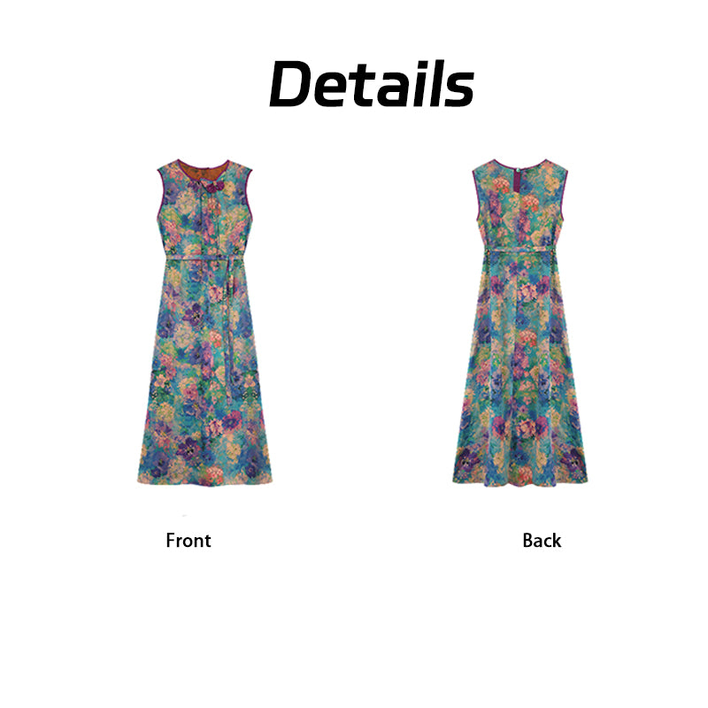 Dress with Monet Flower Print - Skin-Friendly Silk Fabric, Elegant Oriental Gown Guangdong Black Pearl Gambiered Guangdong Gauze