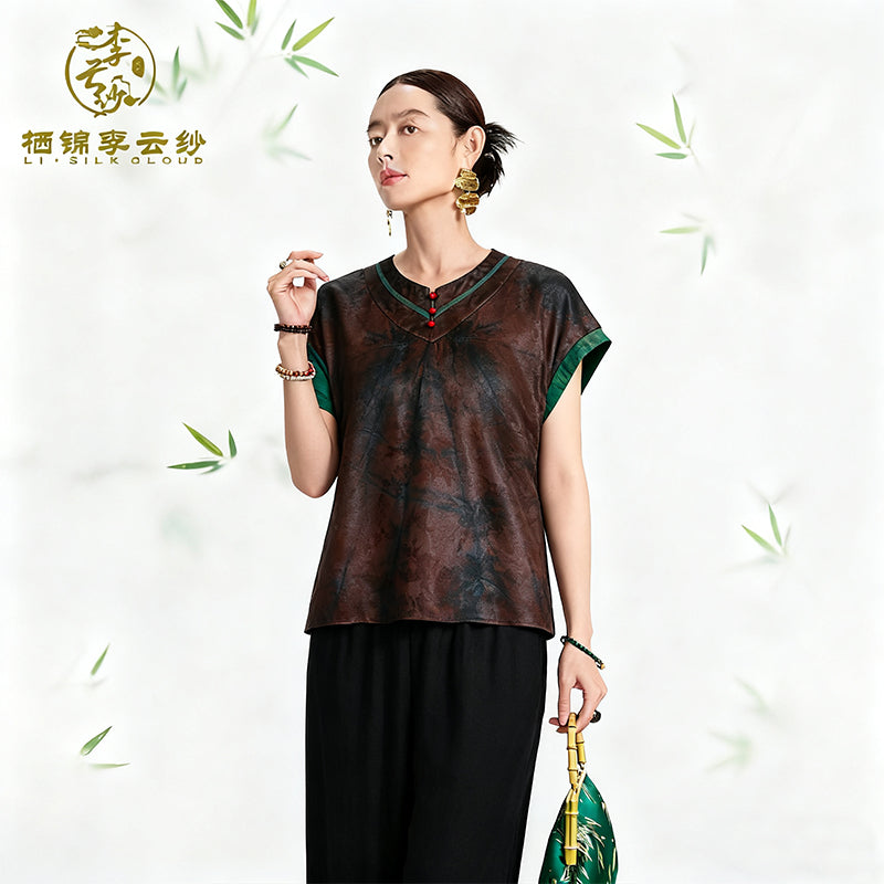 V-Neck Vest - Reversible Double-Sided Wear，100% Mulberry Silk Guangdong Black Pearl Gambiered Guangdong Gauze xiangyunsha