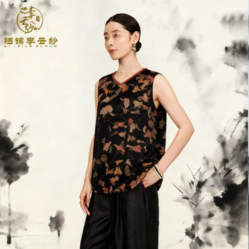 V-Neck Camisole Top - Elegant Oriental Sleeveless Blouse Guangdong Black Pearl Gambiered Guangdong Gauze xiangyunsha
