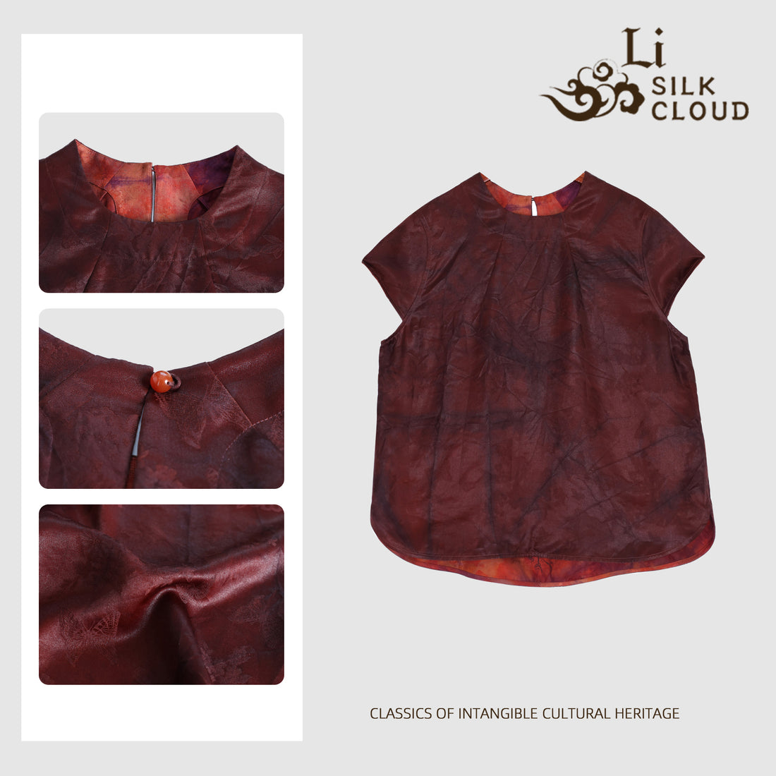 Short-Sleeve Top - Elegant Oriental Silk Blouse, Comfortable Daily Guangdong Black Pearl Gambiered Guangdong Gauze xiangyunsha