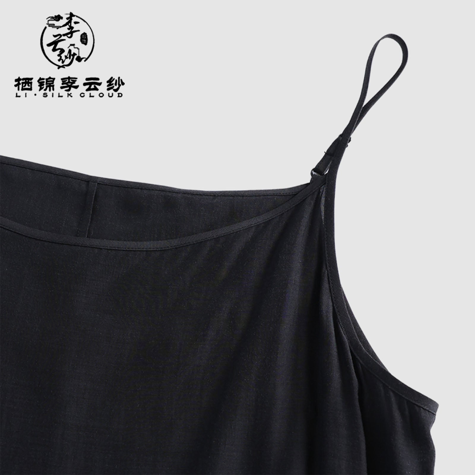 Spaghetti Strap Dress - Jet-Black Shiny Finish, Skin-Friendly Silk Guangdong Black Pearl Gambiered Guangdong Gauze xiangyunsha