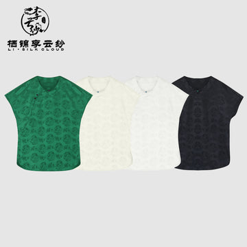Short Sleeve Blouse Comfortable Breathable, Oriental Style Top Guangdong Black Pearl Gambiered Guangdong Gauze xiangyunsha