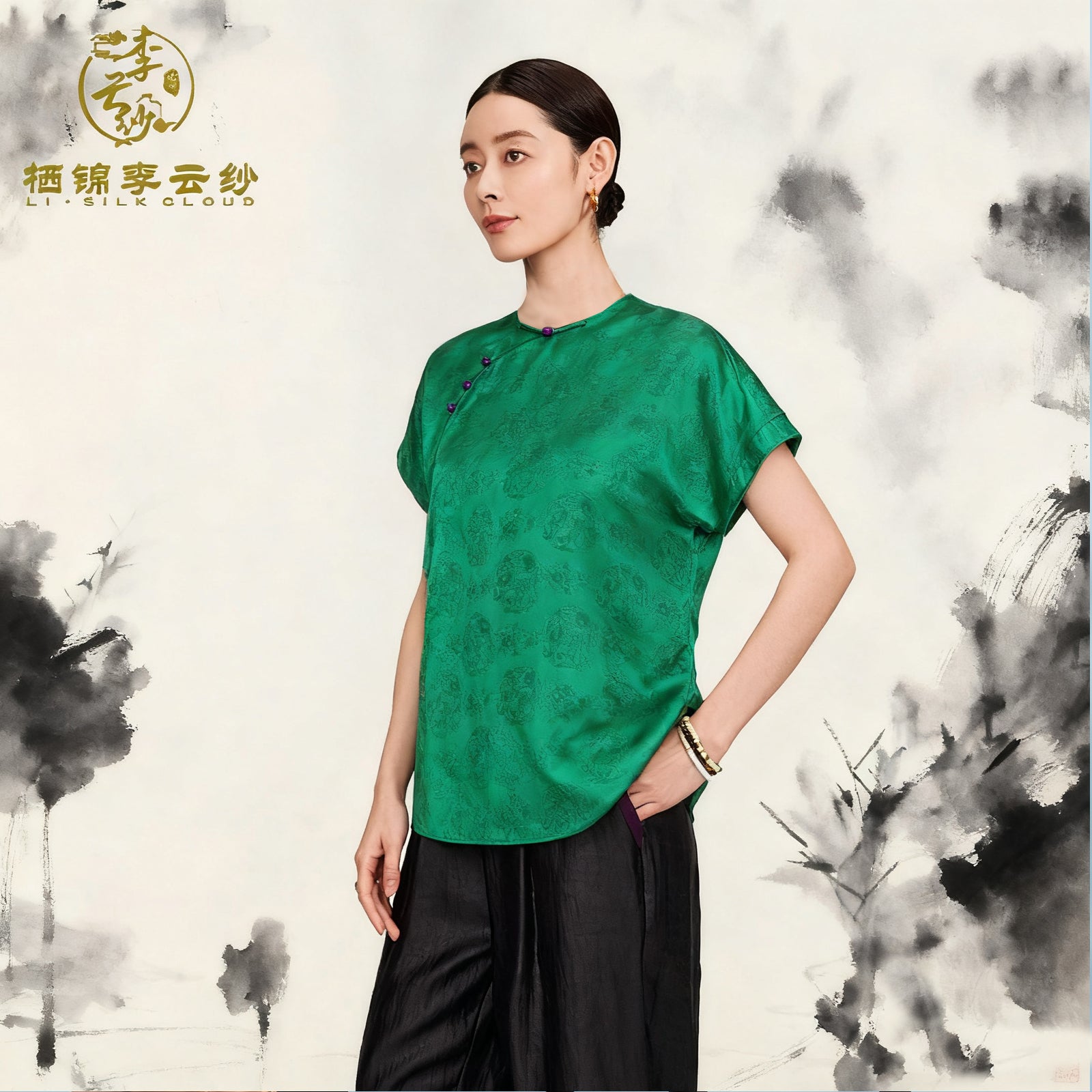Short Sleeve Blouse Comfortable Breathable, Oriental Style Top Guangdong Black Pearl Gambiered Guangdong Gauze xiangyunsha