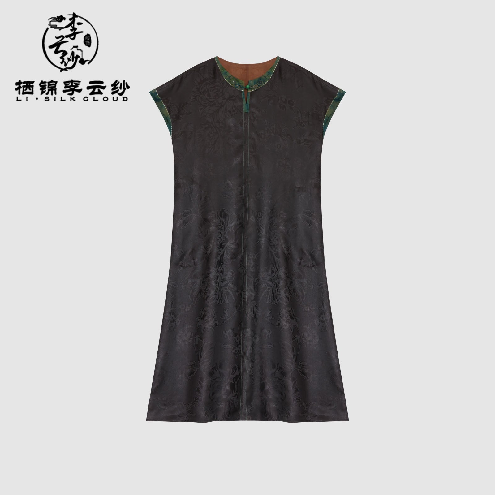 Dress，100% Mulberry Silk, Elegant Traditional Oriental Design Guangdong Black Pearl Gambiered Guangdong Gauze xiangyunsha