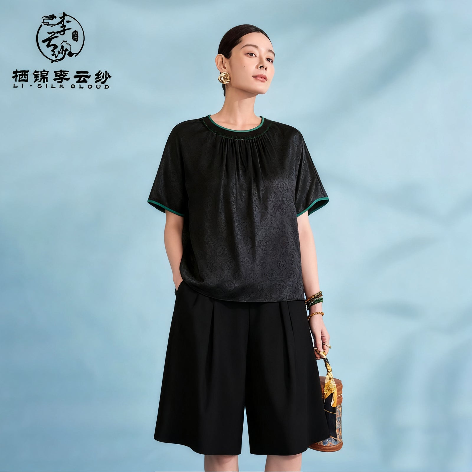 Short Sleeve Blouse - Oriental Style, Lightweight Breathable Guangdong Black Pearl Gambiered Guangdong Gauze xiangyunsha
