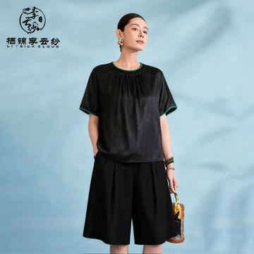 Short Sleeve Blouse - Oriental Style, Lightweight Breathable Guangdong Black Pearl Gambiered Guangdong Gauze xiangyunsha