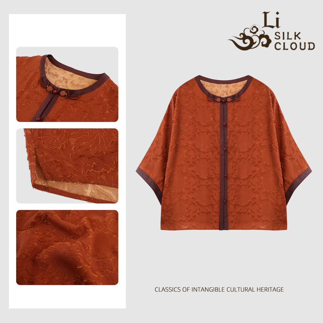 Hand-Embroidered Jacket pure Silk Xiangyunsha Chinesestyle | Adjustable Knots + 3D Drape Guangdong Black PearlGambiered Guangdong Gauze xiangyunsha Soft Go