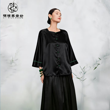 Top, Natural Tuberose Dye, Retro & Elegant Guangdong Black Pearl Gambiered Guangdong Gauze xiangyunsha