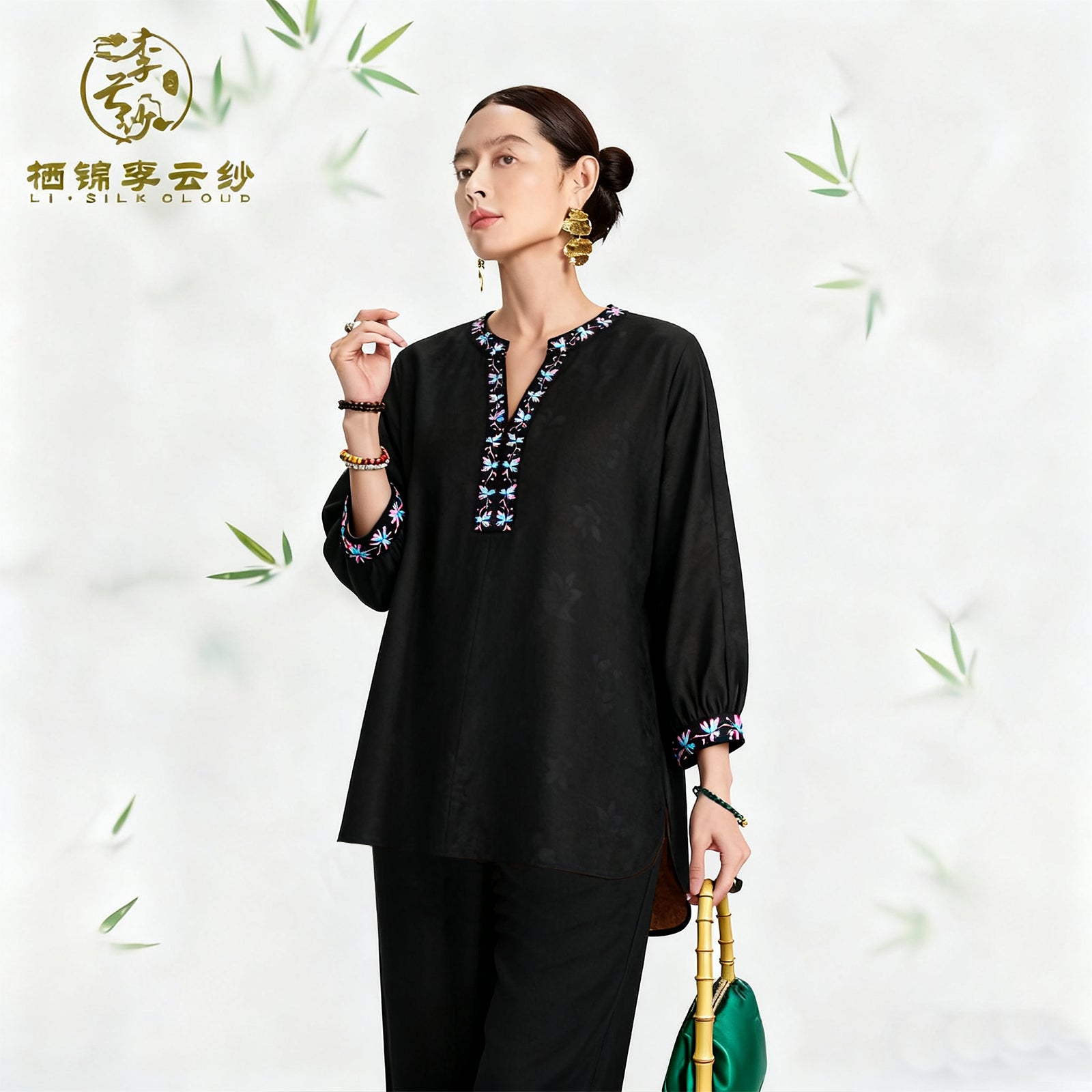 Top, Natural Tuberose Dye, Retro & Elegant Guangdong Black Pearl Gambiered Guangdong Gauze xiangyunsha