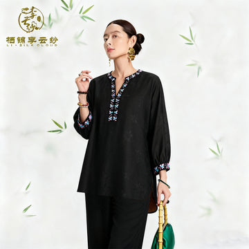 Top, Natural Tuberose Dye, Retro & Elegant Guangdong Black Pearl Gambiered Guangdong Gauze xiangyunsha