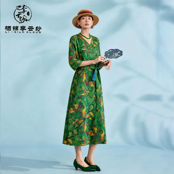 Dress, Natural Tuberose Dye, Retro Waist-Cinching for Elegance Guangdong Black Pearl Gambiered Guangdong Gauze xiangyunsha