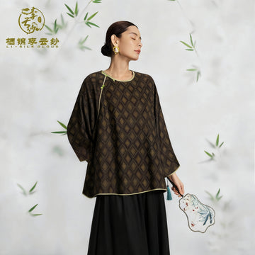 Top, Plant-Dyed Eco-Fabric, Neat Cutting, Slimming & Highlights Shoulders/Neck, Dual-Use for Work & Dates Guangdong Black Pearl Gambiered Guangdong Gauze xiangyunsha