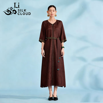 Dress, Silk Blend, Natural Tuberose Dye, Retro Waist-Cinching for Elegance Guangdong Black Pearl Gambiered Guangdong Gauze xiangyunsha