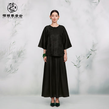 Skirt - Mulberry Silk, Retro Prints, Traditional Hanfu-Inspired Half Skirt Guangdong Black Pearl Gambiered Guangdong Gauze xiangyunsha