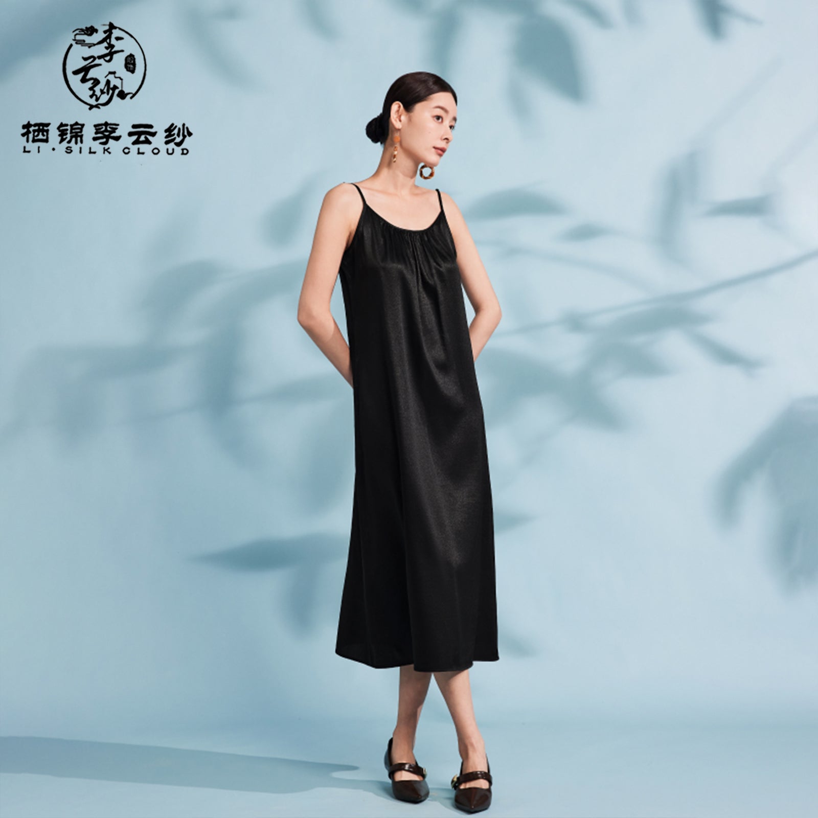 Dress - Pure Black Drapey Silk Long Dress, Chinese Style Retro Dress for Inner/Outer Wear Guangdong Black Pearl Gambiered Guangdong Gauze xiangyunsha