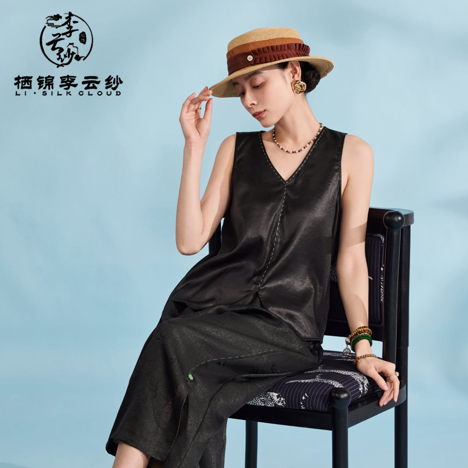 Camisole Top - Pure Black Drapey Mulberry Silk Vest, Traditional Craft for Inner/Outer Wear,Guangdong Black Pearl Gambiered Guangdong Gauze xiangyunsha