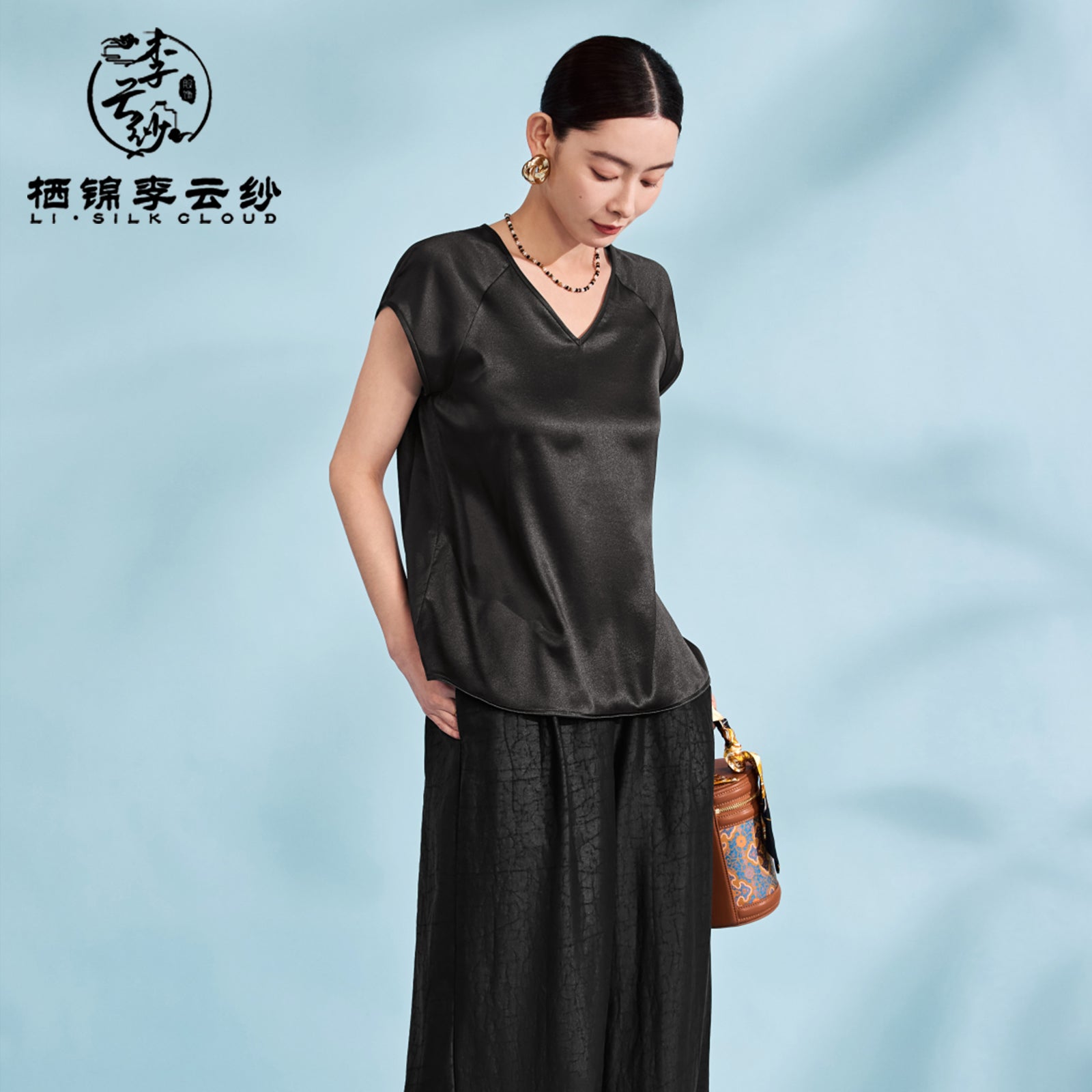 Short Sleeve Blouse Casual Summer Silk Top，Guangdong Black Pearl Gambiered Guangdong Gauze xiangyunsha