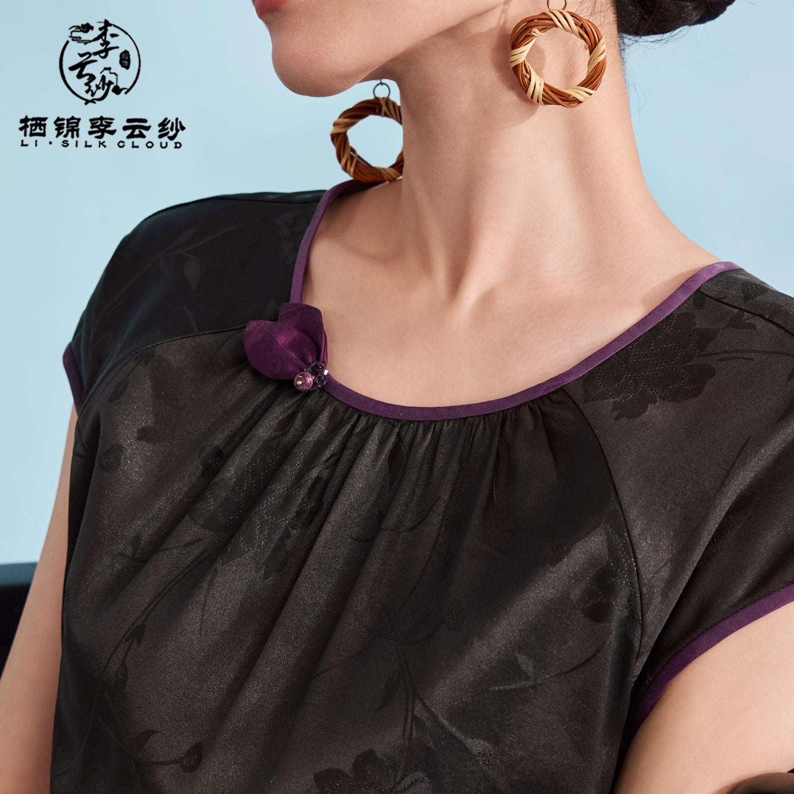 Dress，100% Mulberry Silk ，Soft Silk Fabric, Elegant Waist-Defined Guangdong Black Pearl Gambiered Guangdong Gauze xiangyunsha