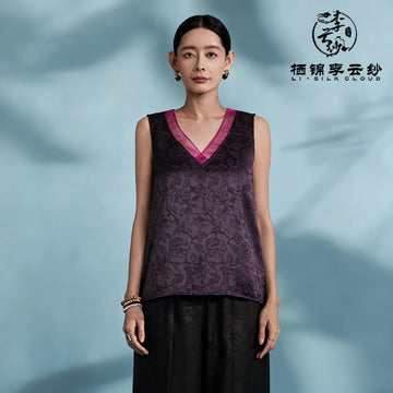 V-Neck Camisole Top ，Elegant Sleeveless Blouse, Oriental Silk Vest Guangdong Black Pearl Gambiered Guangdong Gauze xiangyunsha