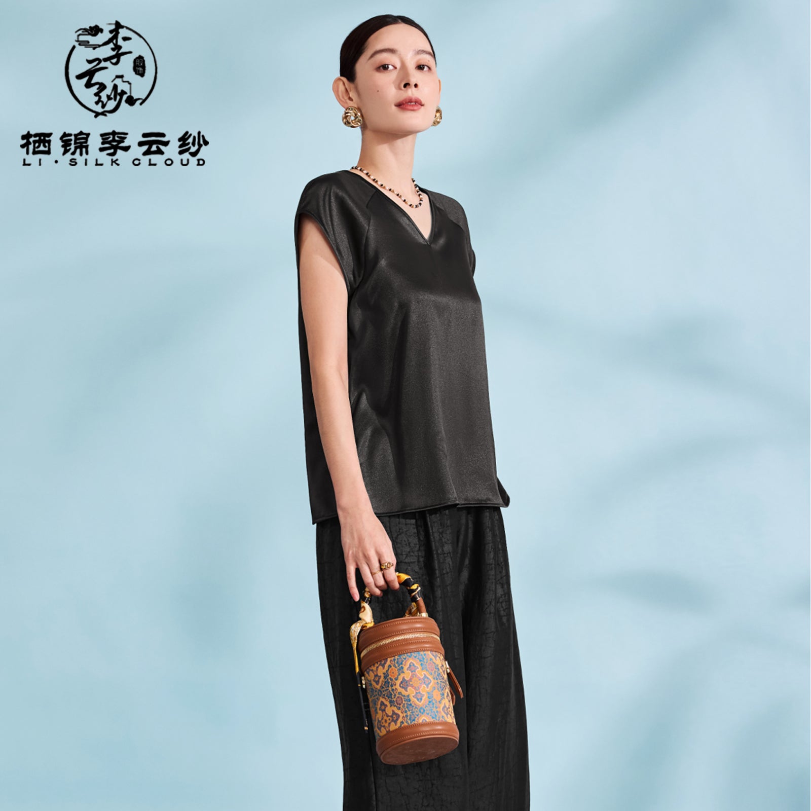 Short Sleeve Blouse Casual Summer Silk Top，Guangdong Black Pearl Gambiered Guangdong Gauze xiangyunsha