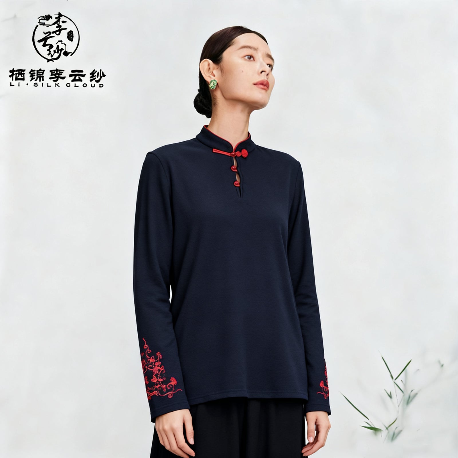 Long Sleeve Top，Classic Knot Buttons Oriental  Guangdong Black Pearl Gambiered Guangdong Gauze xiangyunsha