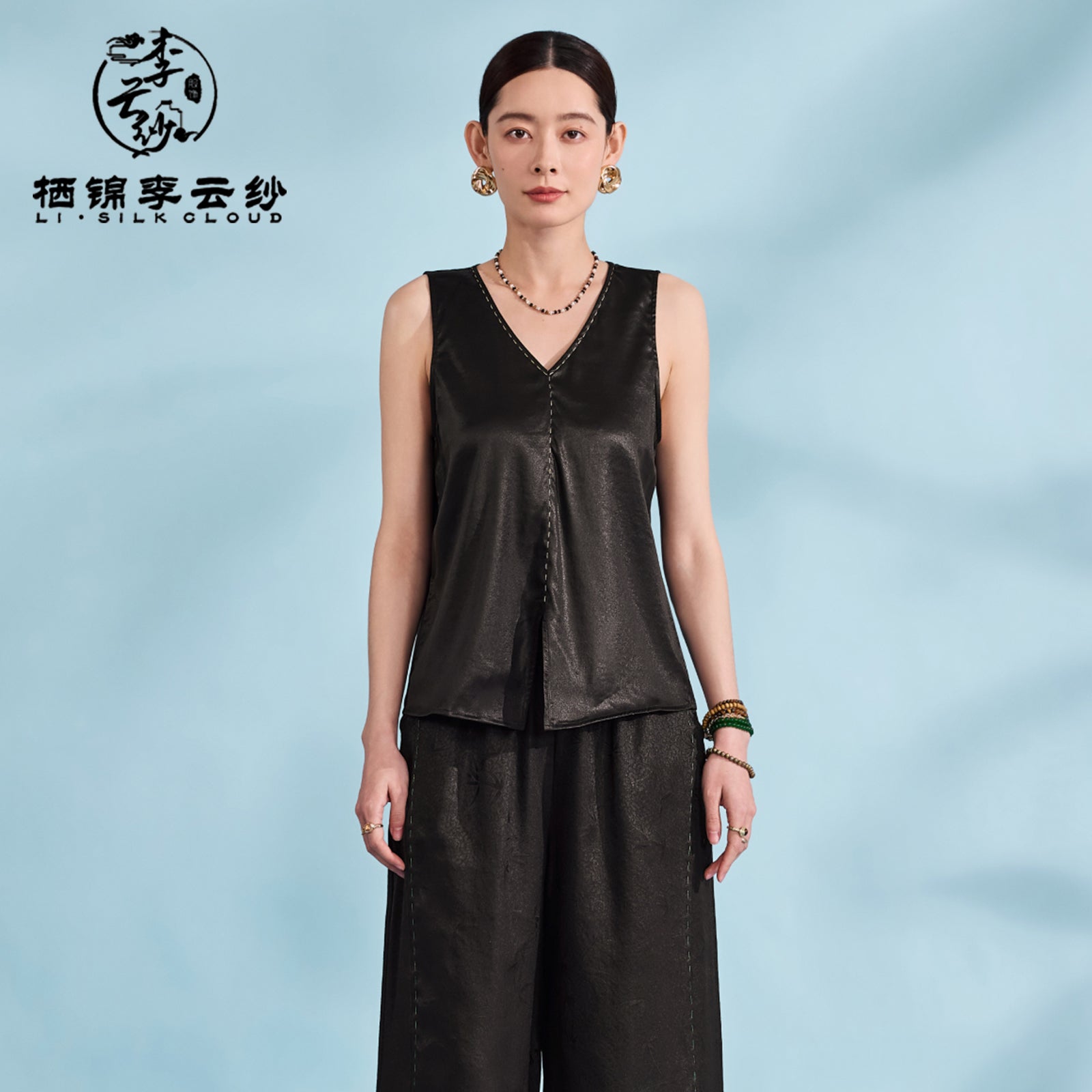 Camisole Top - Pure Black Drapey Mulberry Silk Vest, Traditional Craft for Inner/Outer Wear,Guangdong Black Pearl Gambiered Guangdong Gauze xiangyunsha