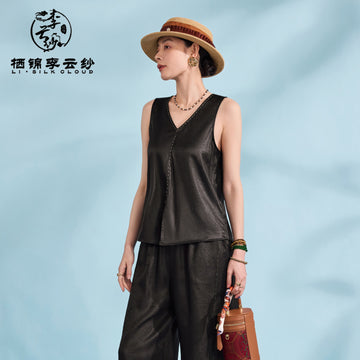 Camisole Top - Pure Black Drapey Mulberry Silk Vest, Traditional Craft for Inner/Outer Wear,Guangdong Black Pearl Gambiered Guangdong Gauze xiangyunsha