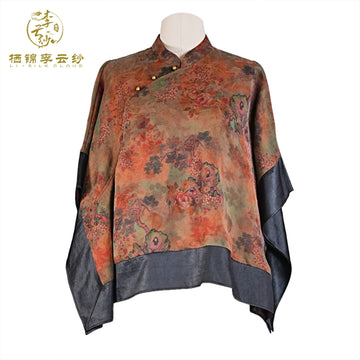 Xiangyunsha Chinese ancient customs Jacket l Hip-LengthStructured Cut | Hidden Cloud Motif Buttons l GuangdongBlack Pearl Gambiered Guangdong Gauze xiangyunsha SoftGold