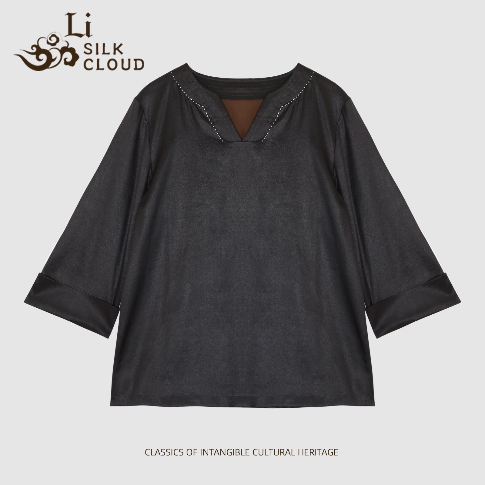 Xiangyunsha Minimalist Chinese Top lDesigner neckline lLuxe Silk Cloud-Like Guangdong Black Pearl GambieredGuangdong Gauze xiangyunsha Soft Gold