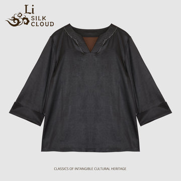 Xiangyunsha Minimalist Chinese Top lDesigner neckline lLuxe Silk Cloud-Like Guangdong Black Pearl GambieredGuangdong Gauze xiangyunsha Soft Gold