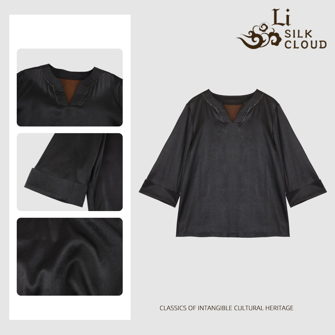 Xiangyunsha Minimalist Chinese Top lDesigner neckline lLuxe Silk Cloud-Like Guangdong Black Pearl GambieredGuangdong Gauze xiangyunsha Soft Gold
