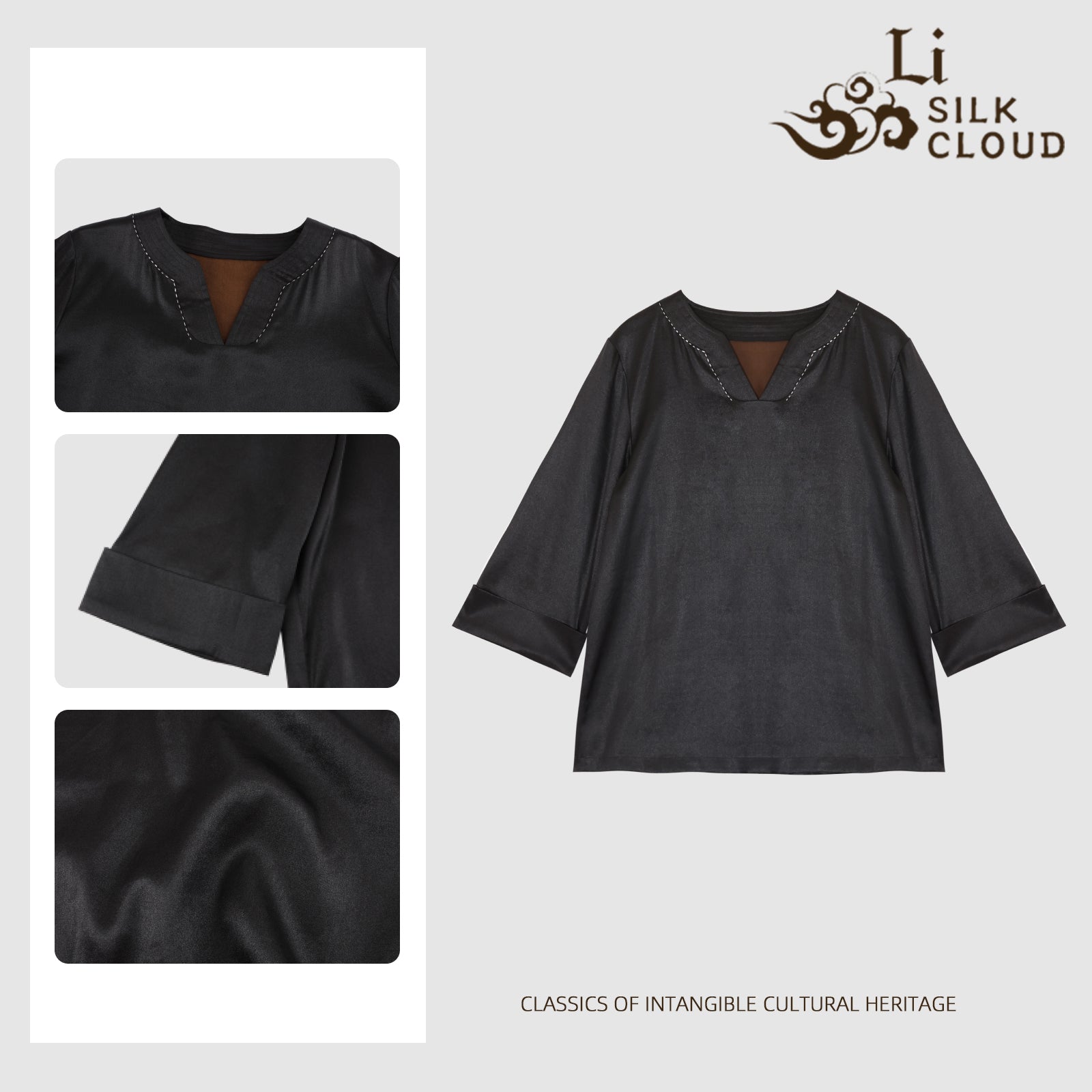 Xiangyunsha Minimalist Chinese Top lDesigner neckline lLuxe Silk Cloud-Like Guangdong Black Pearl GambieredGuangdong Gauze xiangyunsha Soft Gold